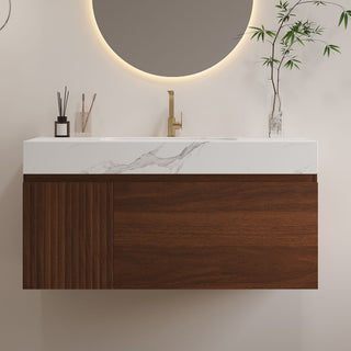 Floating Bathroom Vanity & Basin 1 Soft Close Drawer + 1 Cabinet, Wall Mounted - Walnut / White
