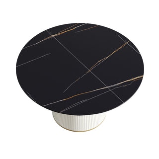 Modern Artificial Stone Round Plywood Base Dining Table, Can Accommodate 6 People, (Not Including Chairs) - Black / Beige