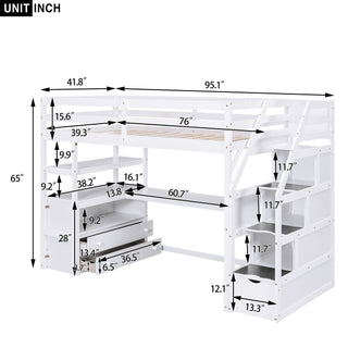 Loft Bed With Desk, Shelves, 2 Drawers, Storage Staircase