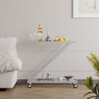 Modern Z Shaped Bar Cart With Tempered Glass Shelves - Silver
