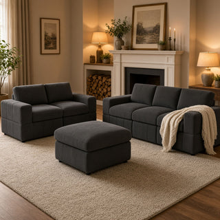 Oversized Modular Sectional Sofa Set With Loveseat & Ottoman, 6 Piece Living Room Furniture - Dark Gray