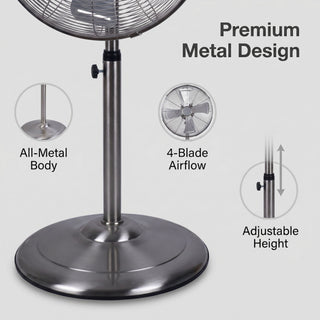 Stand Fan, 4 Blades, Rotary Knob Switch, Oscillation Function, Tilting Angle - Chrome