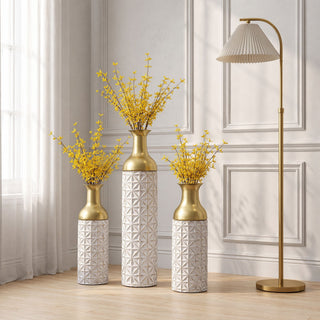 Tall Textured Geometric Decorative Floor Vases Home Decor (Set of 3) - White / Gold