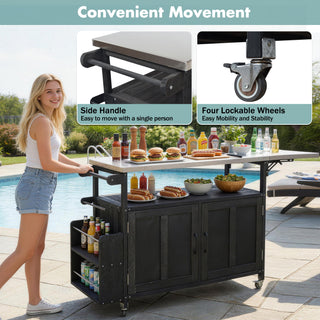 Foldable Outdoor Kitchen Island With Lockable Wheels, Storage Cabinet And Towel Rack For Patio