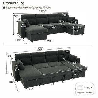 Convertible Sectional Sofa With Storage Chaise, Cup Holders And Pull Out Sleeper