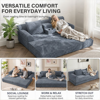 Soft Striped Convertible Sofa Bed, Dual Use Lounge Couch With Cup Holders And Pillows