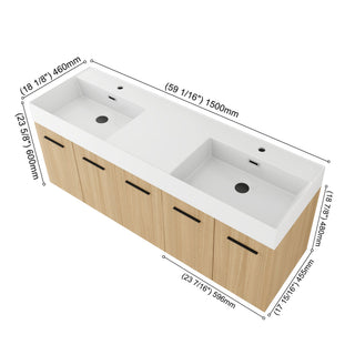 Floating Double Sink Bathroom Vanity Set With Tall Linen Cabinet, Extra Large Storage, Integrated Sink, Soft Close Doors - Glossy White / Light Oak