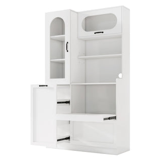 Tall Freestanding Kitchen Pantry Cabinet With Arched Glass Door