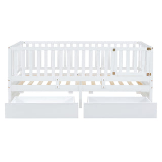 Daybed With Fence Guardrails And 2 Drawers, Split Into Independent Floor Bed & Daybed