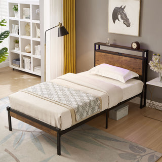Metal Platform Bed Frame With Wooden Headboard And Footboard With USB Liner, No Box Spring Needed, Under Bed Storage