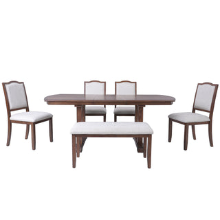 6 Piece Extendable Dining Table Set, Wood Table With Removable Leaf, 4 Upholstered Chairs And Bench - Cherry