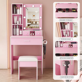 Vanity Table With Mirror, Adjustable LED Lights, Power Outlet, Hairdryer Holder & Stool