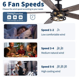 Ceiling Fan With Light, Dual‑Sided Matte Black & Wood Grain Blades - Black