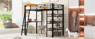 Loft Metal Bed With 3 Layers Of Shelves And Desk, Stylish Metal Frame Bed With board