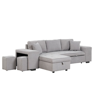 Modern L-Shape 3 Seat Reversible Sectional Couch, Pull Out Sleeper Sofa With Storage Chaise And 2 Stools For Living Room Furniture Set
