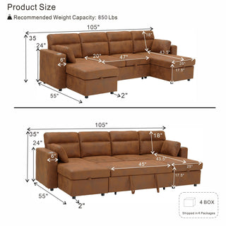 Convertible Sectional Sofa With Storage Chaise, Cup Holders And Pull Out Sleeper