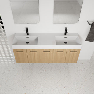 Floating Double Sink Bathroom Vanity With Extra Large Storage, Integrated Sink, Soft Close Doors, Wall Mounted Bath Vanity - Glossy White / Light Oak