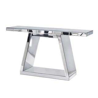 Modern Luxe Full Body Mirror Entryway Table With Trapezoid Base, 360° Reflective Console, Scratch Resistant, Open Storage - Silver
