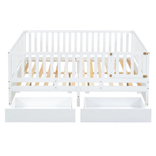 Daybed With Fence Guardrails And 2 Drawers, Split Into Independent Floor Bed & Daybed
