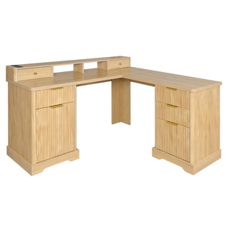 Fluted L-Shaped Desk With Charging Station & Storage Cabinet