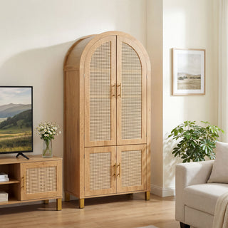 Tall Arched Cabinet With Rattan Doors & Adjustable Shelves
