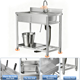 Outdoor Utility Sink With Workbench & Storage Shelf, Freestanding Prep Table With Left Drawer, Garden Patio Sink Station With 360° Hot & Cold Water Faucet - Silver