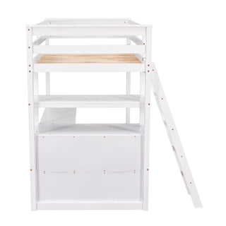 Modern Loft Bed With Built In Desk, Shelves, And 2 Drawers