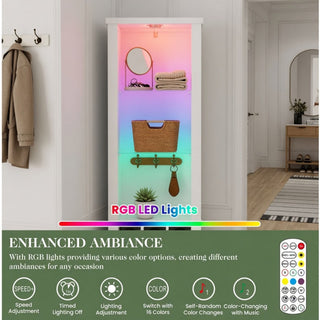 Pantry Cabinet With LED Lights, Wine Rack, Tempered Glass Shelves, And Barn Door Design - White