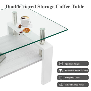 Modern Rectangular Coffee Table With Tempered Transparent Glass Top And Storage Shelf
