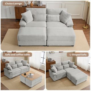 Double Chaise Lounge Set With Reversible Storage Ottomans, USB Port