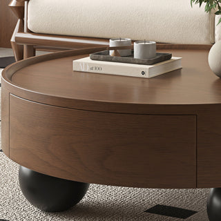 Round Coffee Table With Storage Drawer And Ball Feet - Walnut / Black