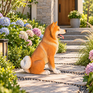 Shiba Inu Dog Statue, Sitting Animal Sculpture For Home Garden - Yellow / White