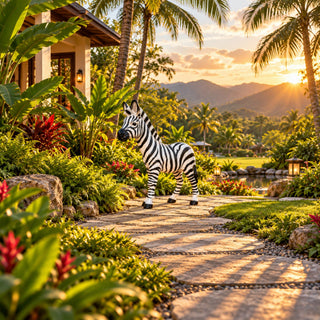 Standing Zebra Garden Statue, Animal Sculpture With 2 Ground Stakes For Outdoor Decor - Black White