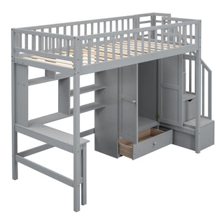 Loft Bed With Bookshelf, Drawers, Desk, And Wardrobe