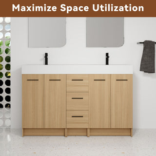 Double Sink Bathroom Vanity With 3 Drawers, Large Storage, Integrated Sink, Freestanding Cabinet, Soft Close Hardware - Glossy White / Light Oak