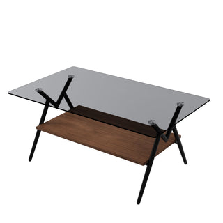 Rectangle Coffee Table With Tempered Glass Top And Shelf, Modern Table For Living Room