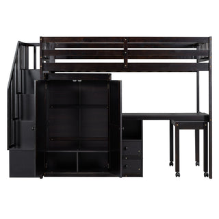 Loft Bed With Stairs, Bookshelf, Drawers, Desk & Wardrobe, Space Saving Multifunctional Furniture