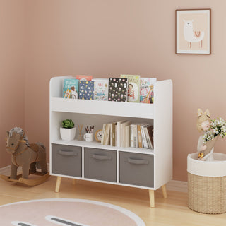 Bookshelf With 3 Bins, Storage Shelf For Toys And Books - White