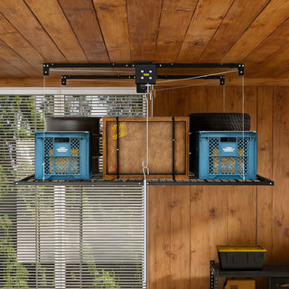 Overhead Garage Storage Rack For High Ceilings, Construction With Safety Lock - Black