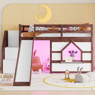 Loft Bed With Storage Stairs, Slide, Playhouse Window And 7 Colors LED Lights