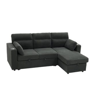 Convertible L - Shaped Sectional Sofa Bed With Storage Chaise, Cup Holders