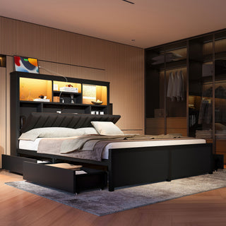 Bed Frame With High Storage Headboard, LED Light And Charging Station, 4 Storage Drawers