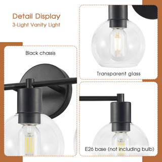 3 Light Globe Bathroom Vanity Light With Clear Glass Shades - Black