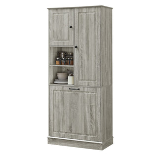Modern Tall Storage Cabinet With Adjustable Shelves, Flip-Out Basket & Enclosed Doors