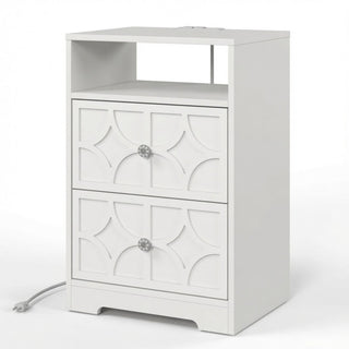 Nightstand With Diamond Carvings Handles, 2 Drawers & Charging Station