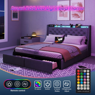 Floating Bed Frame With Rgb LED Light, 2 Storage Drawers & Headboard Shelf