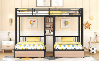 Triple Bunk Bed With Drawers, Multi-Functional Frame With Desks And Shelves In The Middle