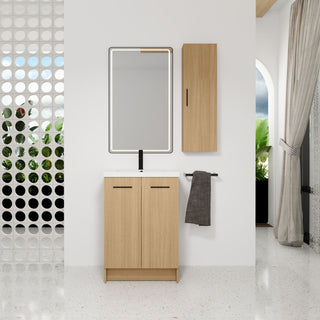 Freestanding Bathroom Vanity Set With Tall Linen Cabinet, Single Sink, Extra Storage, Soft Close Doors - Glossy White / Light Oak