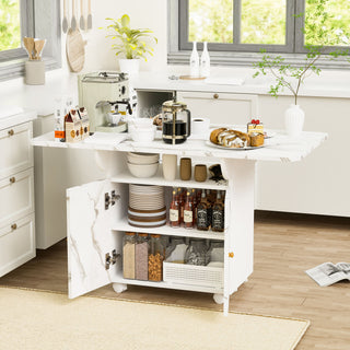 Versatile Marble Folding Dining Table With Storage Rack And Cabinet, 6 Wheels - White