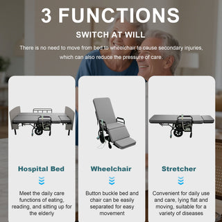 Dual Motor 3 In 1 Electric Nursing Bed Convertible To Wheelchair & Stretcher - Gray